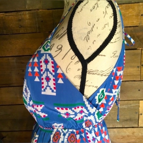 Baby Blue Mini Sundress Aztec Print Spaghetti Strap, Small EUC by Decapolis - Picture 5 of 11